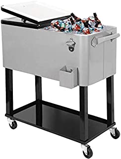 Clevr 80 Quart Qt Rolling Cooler Ice Chest for Outdoor Patio Deck Party, Grey, Portable Party Bar Cold Drink Beverage Cart Tub, Backyard Cooler Trolley on Wheels with Shelf, Stand, & Bottle Opener