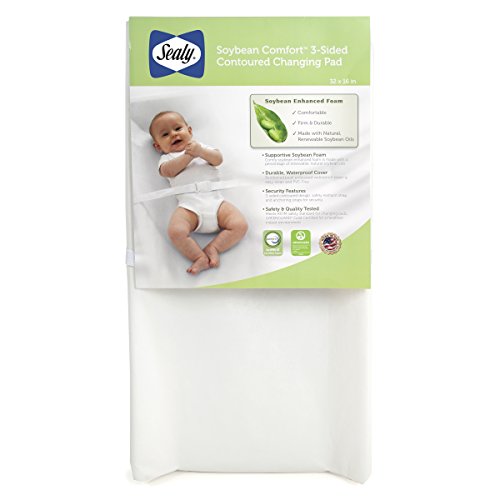 Sealy Baby Soybean Comfort 3-Sided Contoured Diaper Changing Pad for Dresser or Changing Table, White, 32 x 16