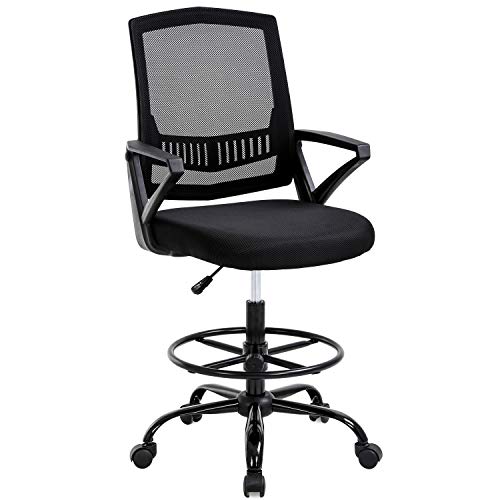 Drafting Chair Tall Office Chair Ergonomic Standing Desk Chair Adjustable Height with Lumbar Support Arms Footrest Mid Back Drafting Stool Swivel Rolling Mesh Computer Chair for Adults(Black)