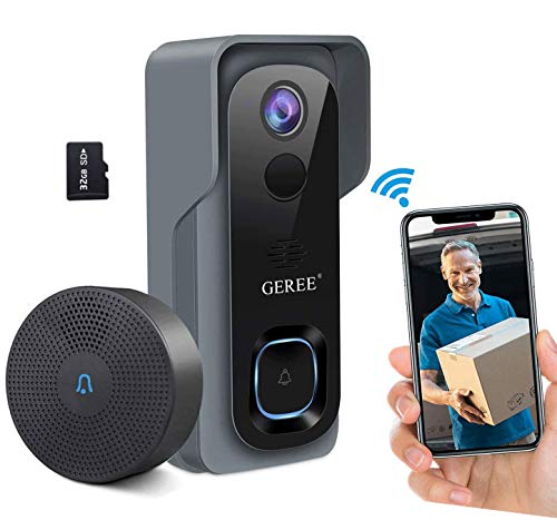 Video Doorbell Camera Wireless WiFi Smart Doorbell,32GB Preinstalled,GEREE 1080P HD Security Home Camera,Real-Time Video and Two-Way Talk,Night Vision,PIR Motion Detection 166° Wide Angle Lens