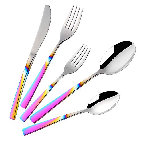 20-Piece Rainbow Silverware Dinnerware Set, BuyGo Stainless Steel Eating Utensil Cutlery Sets, Widely Use for Wedding, Home, Hotel, Gradual Change Rainbow Handle Flatware Service for 4