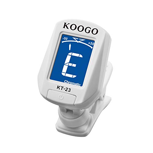 Koogo Clip-on Tuner for All Instruments, Ukulele, Guitar, Bass, Mandolin, Violin, Banjo, Large Clear LCD Display For Guitar Tuner, Chromatic Tuner Battery Included White