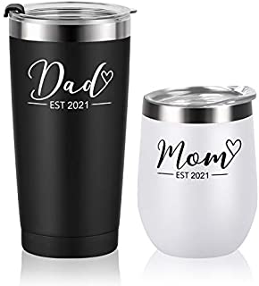 Lifecapido 2 Pack New Parents Gifts, Dad and Mom Est 2021 Stainless Steel Insulated Wine Tumbler Travel Tumbler with Lid and Straw, Funny Christmas Idea for Mom and Dad Parents(12 and 20 Oz)