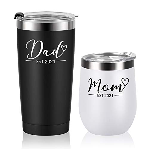 Lifecapido 2 Pack New Parents Gifts, Dad and Mom Est 2021 Stainless Steel Insulated Wine Tumbler Travel Tumbler with Lid and Straw, Funny Christmas Idea for Mom and Dad Parents(12 and 20 Oz)