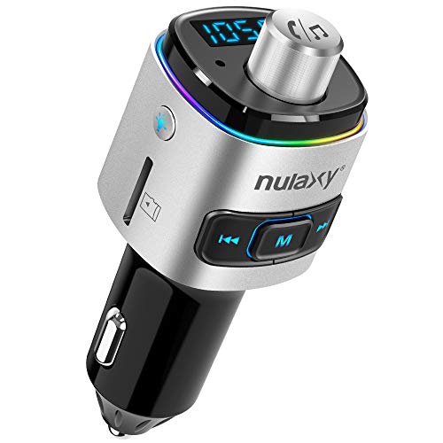 Nulaxy Bluetooth FM Transmitter for Car, 7 Color LED Backlit Bluetooth Car Adapter with QC3.0 Charging, Support Siri Google Assistant, USB Flash Drive, microSD Card, Handsfree Car Kit (A- Silver)