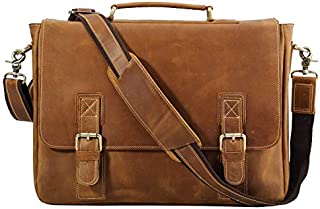 Polare Vintage Genuine Leather Tote Briefcase Professional 16'' Laptop Shoulder Messenger Bag with YKK Metal Zippers (Light Brown)