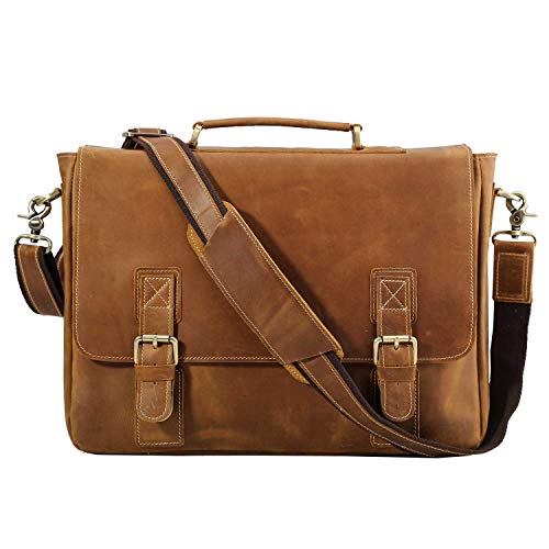 Polare Vintage Genuine Leather Tote Briefcase Professional 16'' Laptop Shoulder Messenger Bag with YKK Metal Zippers (Light Brown)