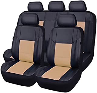 CAR PASS Skyline PU Leather CAR SEAT Covers - Universal FIT for Cars,SUV,Vehicles 5mm Composite Sponge Inside,Airbag Compatible (11PCS, Elegant Black with Beige)