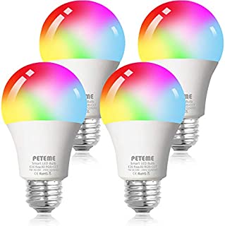 Smart WiFi Alexa Light Bulb, Peteme Led RGB Color Changing Bulbs, Compatible with Alexa, Siri, Echo, Google Home (No Hub Required), E26 A19 60W Multicolor (4 Pack)