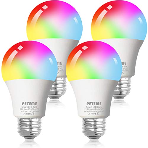 Smart WiFi Alexa Light Bulb, Peteme Led RGB Color Changing Bulbs, Compatible with Alexa, Siri, Echo, Google Home (No Hub Required), E26 A19 60W Multicolor (4 Pack)