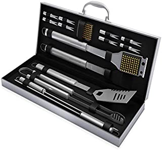 Home-Complete BBQ Grill Tool Set- 16 Piece Stainless Steel Barbecue Grilling Accessories with Aluminum Case, Spatula, Tongs, Skewers