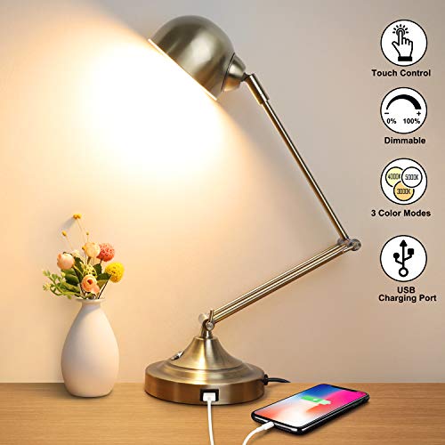 LED Desk Lamp with USB Charging Port, Swing Arm, Fully Dimmable, 3 Color Modes, Eye-Caring Task Lamp, Touch Control Brass Metal Architect Drafting Table Lamp for Bedside, Office, Work, Reading -Memory