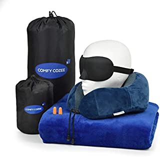 Deluxe 5 in 1 Travel Set- Flight Kit Includes 100% Memory Foam Travel Neck Pillow With Soft Mink Plush Travel Blanket+Eye Mask & Ear Plugs With Carrying Storage Pouch, Great Idea For Travel & Camping