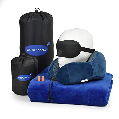 Deluxe 5 in 1 Travel Set- Flight Kit Includes 100% Memory Foam Travel Neck Pillow With Soft Mink Plush Travel Blanket+Eye Mask & Ear Plugs With Carrying Storage Pouch, Great Idea For Travel & Camping