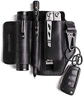 Gentlestache Multitool Sheath for Belt, Leatherman Sheath for Men, Leather EDC Pocket Organizer with Pen Holder, Key Fob, Flashlight Sheath, EDC Leather Pouch Black