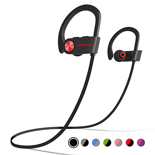 LETSCOM Bluetooth Headphones IPX7 Waterproof, Wireless Sport Earphones, HiFi Bass Stereo Sweatproof Earbuds w/Mic, Noise Cancelling Headset for Workout, Running, Gym, 8 Hours Play Time, Black