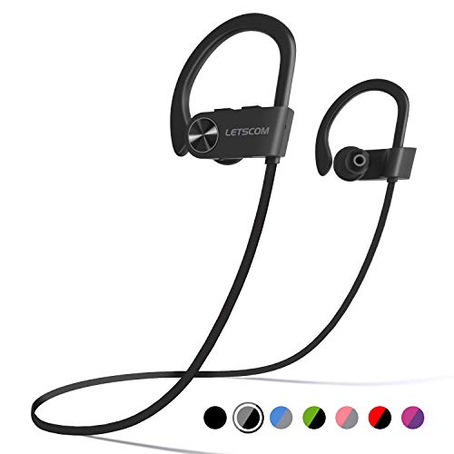 LETSCOM Bluetooth Headphones IPX7 Waterproof, Wireless Sport Earphones, Hifi Bass Stereo Sweatproof Earbuds W/Mic, Noise Cancelling Headset for Workout, Running, Gym, 8 Hours Play time, BlackGray