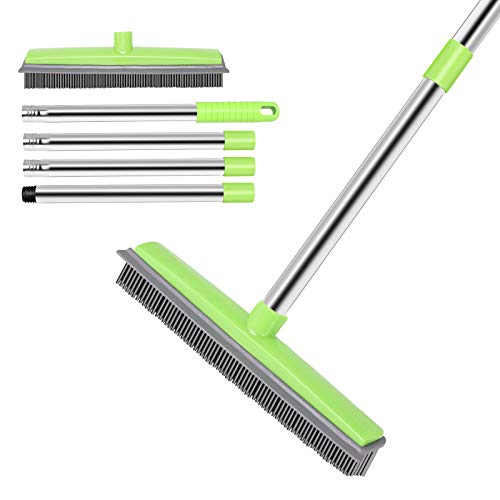 JUOIFIP Pet Hair Rubber Broom| Soft Push Broom| Carpet Rug Rake| Adjustable Stainless Steel Long Handle Indoor Outdoor Broom| Squeegee Edge Bristle Broom for Window Hardwood Floor Carpet(Green)