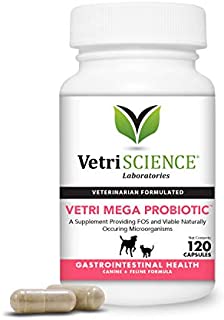 VetriScience Laboratories - Vetri Mega Probiotic, Digestive Relief with Probiotics and Prebiotics for Dogs and Cats, Easy to Give Capsules (120 Count)