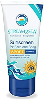 Stream2Sea Reef Safe Sport Sunscreen for body, SPF 20, Natural, Water Resistant, Biodegradable, Coral and Ocean Friendly Mineral Sunblock, UVA UVB 3 Ounce