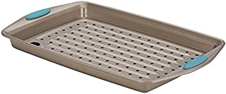 Rachael Ray 47426 Cucina Nonstick Bakeware Set with Grips, Nonstick Cookie Sheet / Baking Sheet and Crisper Pan - 2 Piece, Latte Brown with Agave Blue Handle Grips