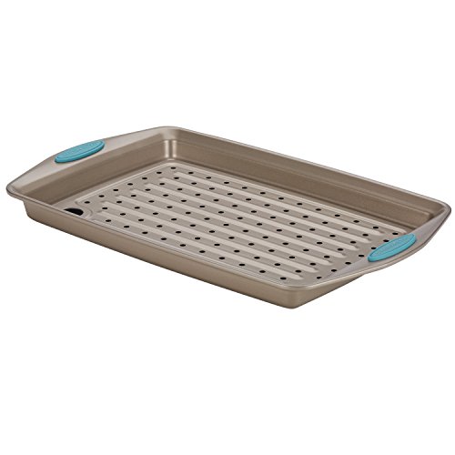 Rachael Ray 47426 Cucina Nonstick Bakeware Set with Grips, Nonstick Cookie Sheet / Baking Sheet and Crisper Pan - 2 Piece, Latte Brown with Agave Blue Handle Grips