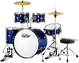 Eastar 22 inch Drum Set Kit Full Size for Adult Junior Teen 5 Piece with Cymbals Stands Stool and Sticks, Metallic Blue