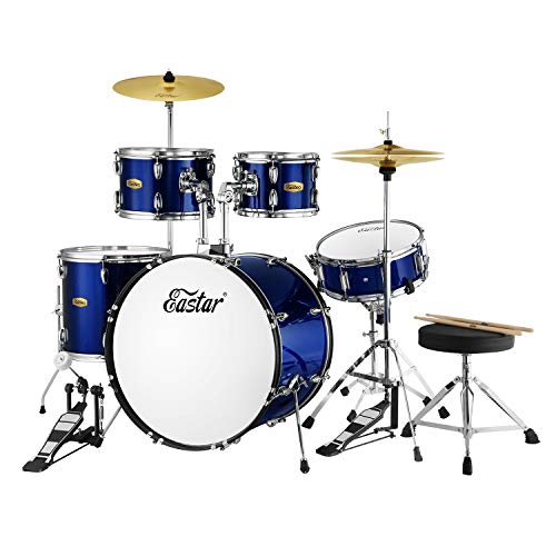 Eastar 22 inch Drum Set Kit Full Size for Adult Junior Teen 5 Piece with Cymbals Stands Stool and Sticks, Metallic Blue