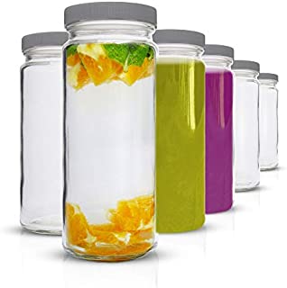 Glass Water Bottles Set - 6 Pack Wide Mouth with Lids for Juice, Smoothies, Beverage Storage - 16 oz, Durable, Eco Friendly & BPA Free - Reusable, Dishwasher Safe, Leak Proof, Grey Caps