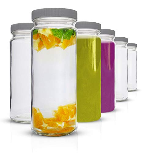 Glass Water Bottles Set - 6 Pack Wide Mouth with Lids for Juice, Smoothies, Beverage Storage - 16 oz, Durable, Eco Friendly & BPA Free - Reusable, Dishwasher Safe, Leak Proof, Grey Caps