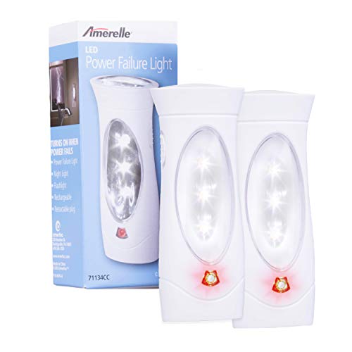 Amerelle Emergency Lights For Home by Amertac, 2 Pack  Emergency Preparedness Power Failure Light and Flashlight, Automatically Lights When the Power Fails  Portable, Rechargeable  71134CC