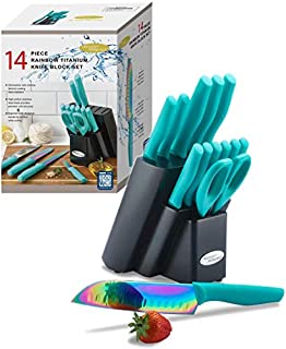 DISHWASHER SAFE Rainbow Titanium Cutlery Knife Set, Marco Almond KYA27 Kitchen Knives Set with Wooden Block, Rainbow Titanium Coating,Chef Quality for Home & Pro Use, Best Gift,14 Piece Turquoise