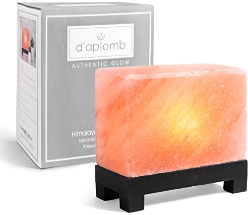 100% Authentic Natural Himalayan Salt Lamp; Hand-Carved Modern Rectangle in Pink Crystal Rock Salt from The Himalayan Mountains; Footed Wood Base, UL-Listed Dimmer Cord + Extra Bulb; 11.5 lbs