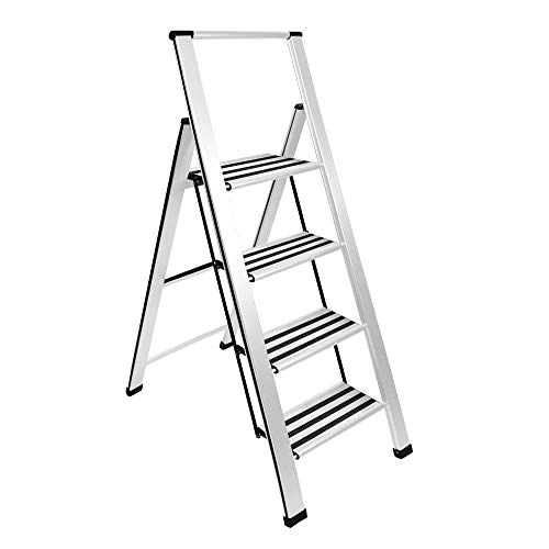 Sorfey Premium 4 Step Modern Aluminum Ladder. Lightweight,-Ultra Slim Profile, Anti Slip Steps, Sturdy-Portable for Home, Office, Kitchen, Photography Use, Aluminum Finish