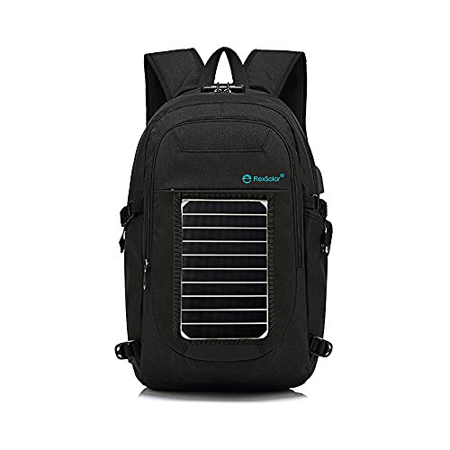 FlexSolar Solar Backpack with 5W Small Solar Panel, Solar 5V Charger, Built-in 3500mAh Battery Integrated as Backup Power, Camping Solar Panel for Outdoors, Emergency, Cell Phone (Black)