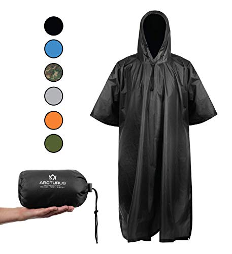 Arcturus Rain Poncho: Lightweight Ripstop Nylon Poncho with Adjustable Hood. Multipurpose, Large, Waterproof Design - Makes a Great Tarp, Backpacking Ground Cloth & Emergency Shelter (Black)