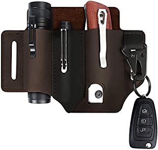 Multitool Sheath for Belt, Leatherman Sheath for Men, Leather EDC Pocket Organizer with Pen Holder, Key Fob, Flashlight Holster Sheath, EDC Leather Pouch Knife Organizer Leather Sheath, Dark Brown