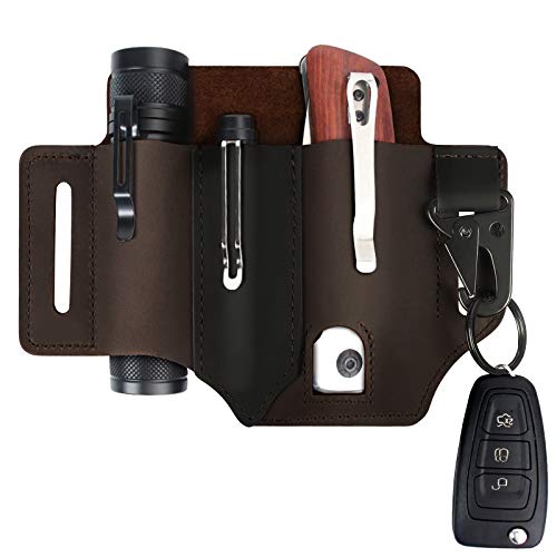 Multitool Sheath for Belt, Leatherman Sheath for Men, Leather EDC Pocket Organizer with Pen Holder, Key Fob, Flashlight Holster Sheath, EDC Leather Pouch Knife Organizer Leather Sheath, Dark Brown