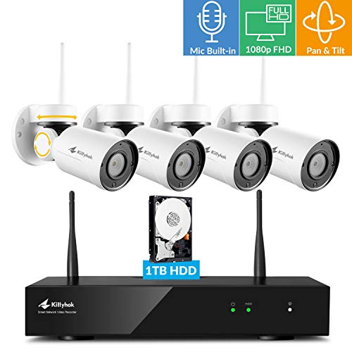 Pan Tilt Wireless Security Camera System with 1TB Hard Drive and Audio, Kittyhok 8CH 4pcs 1080p PTZ Wifi Camera Outdoor/Indoor,100ft Night Vision, Weatherproof, Motion Detection, Remote View Control