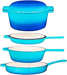 Enameled Cast Iron 5 Piece Gift Set, 2-In-1 Cast Iron Multi-Cooker + 2 in 1 Enameled Double Dutch Oven & Skillet Lid + 12 inch Frying Pan Skillet, Complete Chef Cast Iron Cooking Gift Set