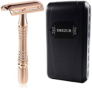 Rose Gold Double Edge Razor by DREZUR, Classic 3-Piece, Old Fashioned Safety Razor, Comes with 10 Premium Razor Blades + Travel Case, Elegant Chrome Plated, Gift For Men