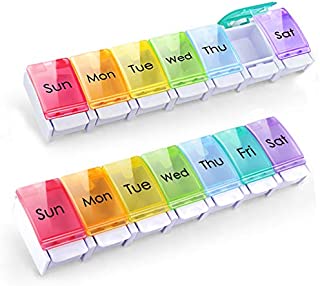 2 Pack Weekly Pill Organizer Arthritis Friendly, Travel 7 Day Pill Holder Vitamin Container Organizer with Popup Open Design and Large Section to Hold Vitamins, Fish Oil and Medication