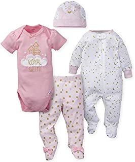 GERBER Baby Girls 4-Piece Sleep'N Play, Onesies, Pant and Cap, Princess Arrival, 6-9 Months