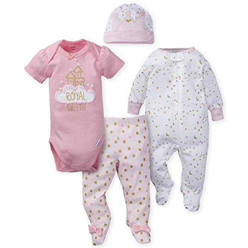 GERBER Baby Girls 4-Piece Sleep'N Play, Onesies, Pant and Cap, Princess Arrival, 6-9 Months