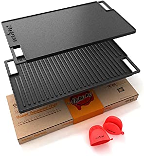 NutriChef NCCIRG59 Cast Iron Reversible Grill Plate - 18 Inch Flat Cast Iron Skillet Griddle Pan For Stove Top, Gas Range Grilling Pan w/ Silicone Oven Mitt For Electric Stovetop, Ceramic, Induction.