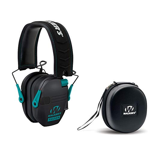 Walker's Razor Slim Electronic Ear Muffs (Black & Teal) & Storage Carrying Case