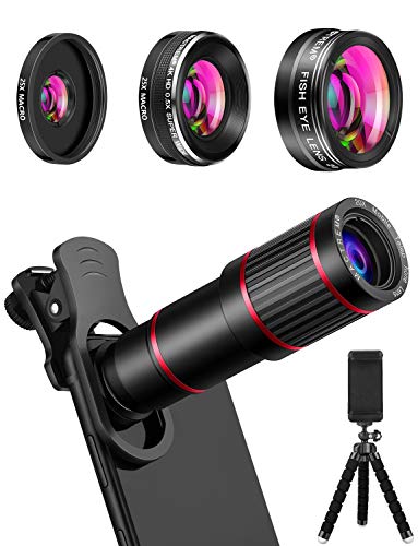 MACTREM Phone Camera Lens Phone Lens Kit 4 in 1, 20X Telephoto Lens, 205° Fisheye Lens, 0.5X Wide Angle Lens & 25X Macro Lens(Screwed Together), Compatible with iPhone 8 7 6 6s Plus X XS XR Samsung