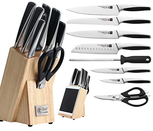 lief + svein 9 Pc knife set with block. 1.4116 German Stainless Steel Kitchen Knife Set. UltraSharp cooking knives set for kitchen. Ideal chef knife set or home cooking knife block sets