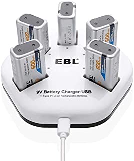 EBL 9V Rechargeable Batteries Lithium ion 9V 600mAh Batteries 600mAh (5 Packs) with 5 Bay 9V Battery Charger 2A Input for Smoke Alarm Detectors