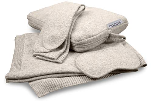 Jet&Bo 100% Pure Cashmere Travel Set: Blanket, Eye Mask, Socks, Carry/Pillow Case Sand